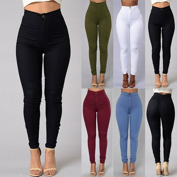 Womens High Waist Casual Plain Skinny Fit Stretch Denim Jeans Trousers Pants